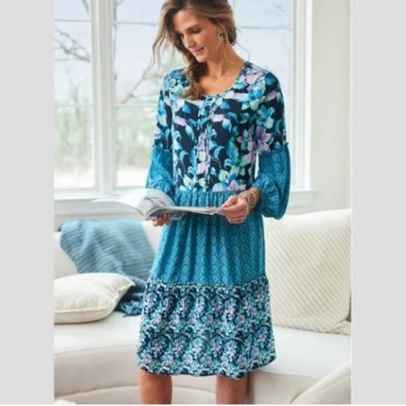 Soft Surroundings Night Bloom Blue Peasant Bohemian Floral tiered Dress - Picture 1 of 5